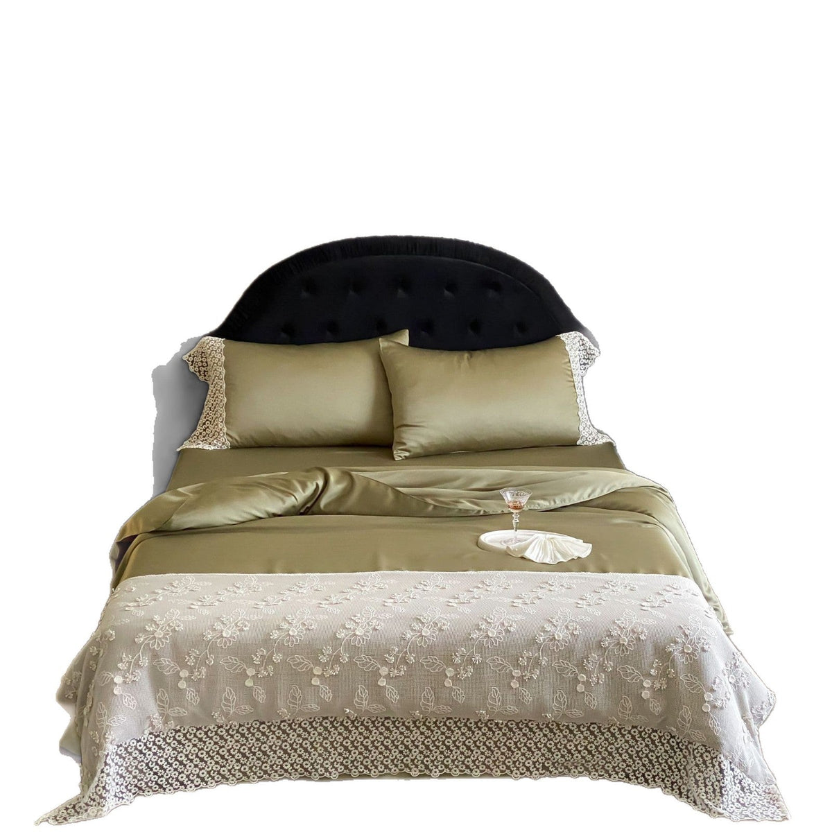 Satin bedding set with lace pillowcase and embroidered bedspread — product view 5