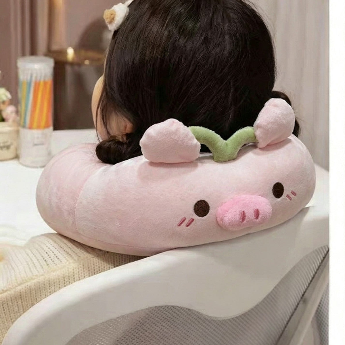 Plush slippers with memory sole and checkered lining in cute pig design — product view 1