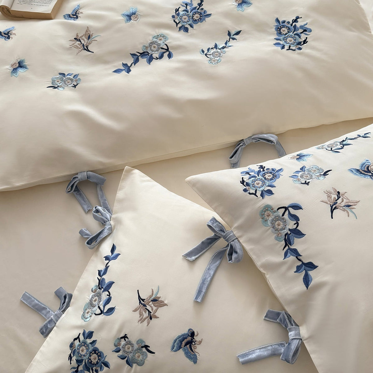 Embroidered satin bedding set with delicate floral details — product view 4