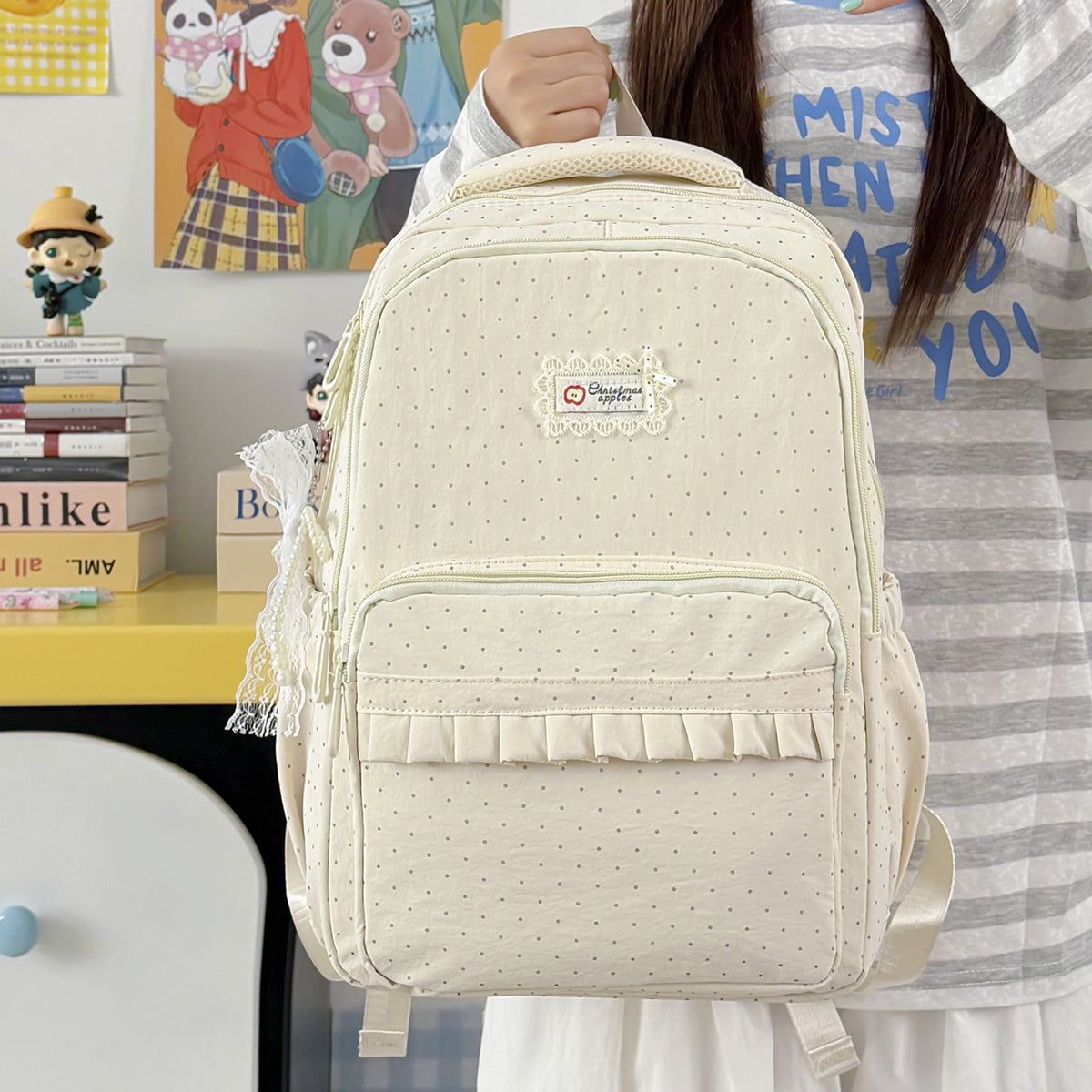 Polka Dot Patterned Backpack with Ruffle Accents LoungeYard — product view 2