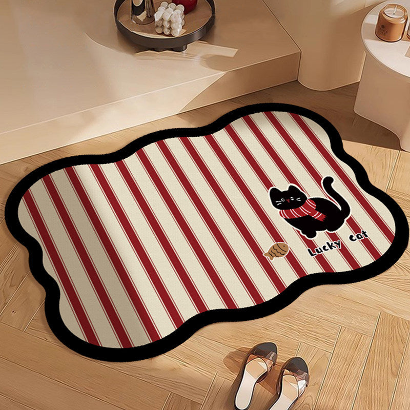 Decorative Scalloped Non-Slip Striped Bath Mat with Lucky Cat Print — product view 1