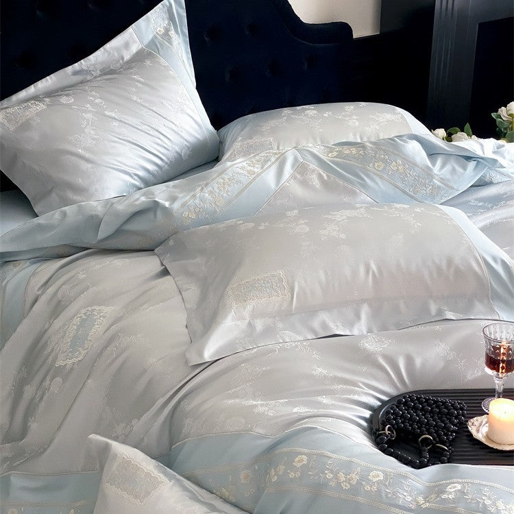 Finest satin bed linen set with delicate jacquard floral trim and pleated finish LoungeYard — product view 2