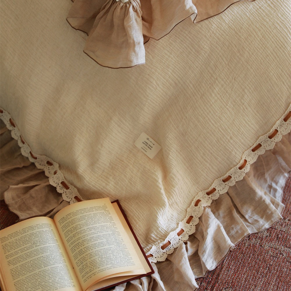 Washed linen duvet cover set with gathered edge and eyelet trim — product view 3