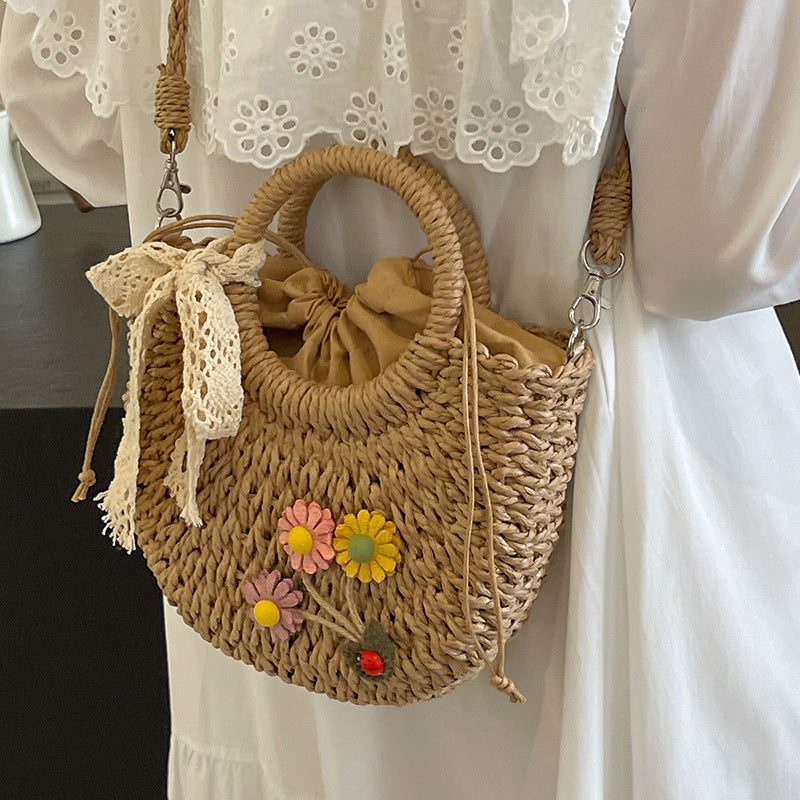 Handcrafted Floral Accent Straw Handbag — product view 2