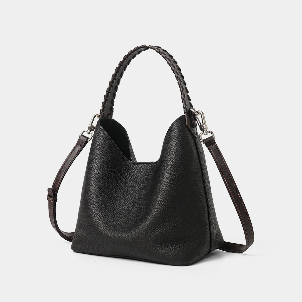 Pebbled Leather Bucket Hobo Bag with Braided Top Handle & Detachable Shoulder Strap — product view 5