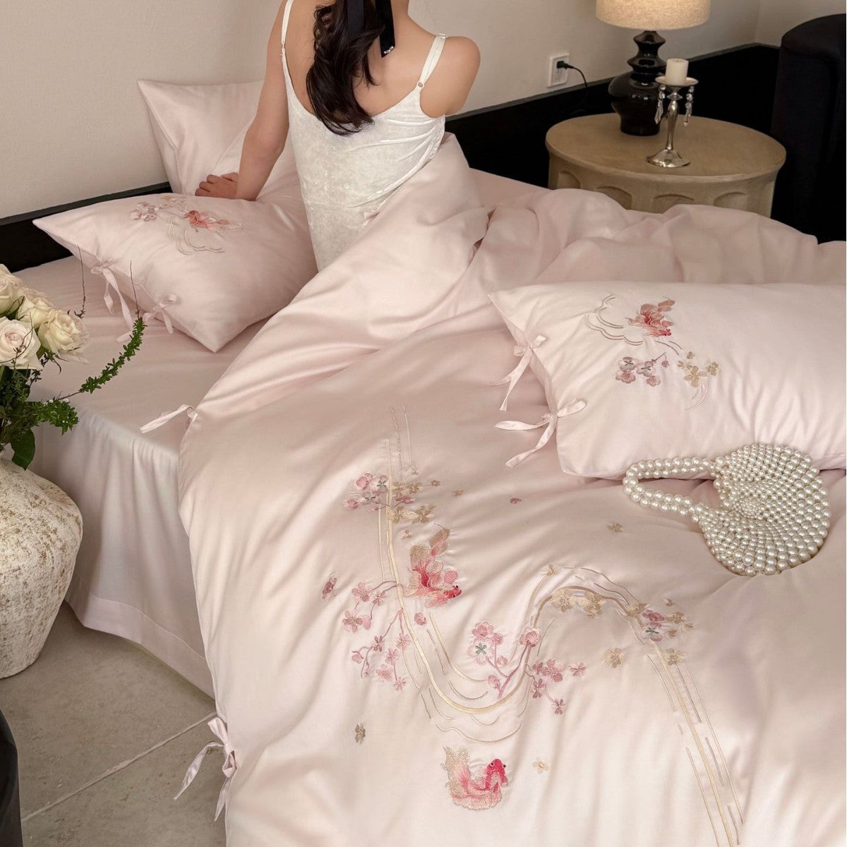 Fine silk satin bedding set with delicate floral embroidery and ties LoungeYard — product view 3