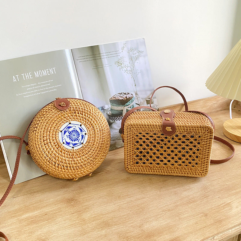 Women's round basket bag with unique ceramic detail LoungeYard — product view 1