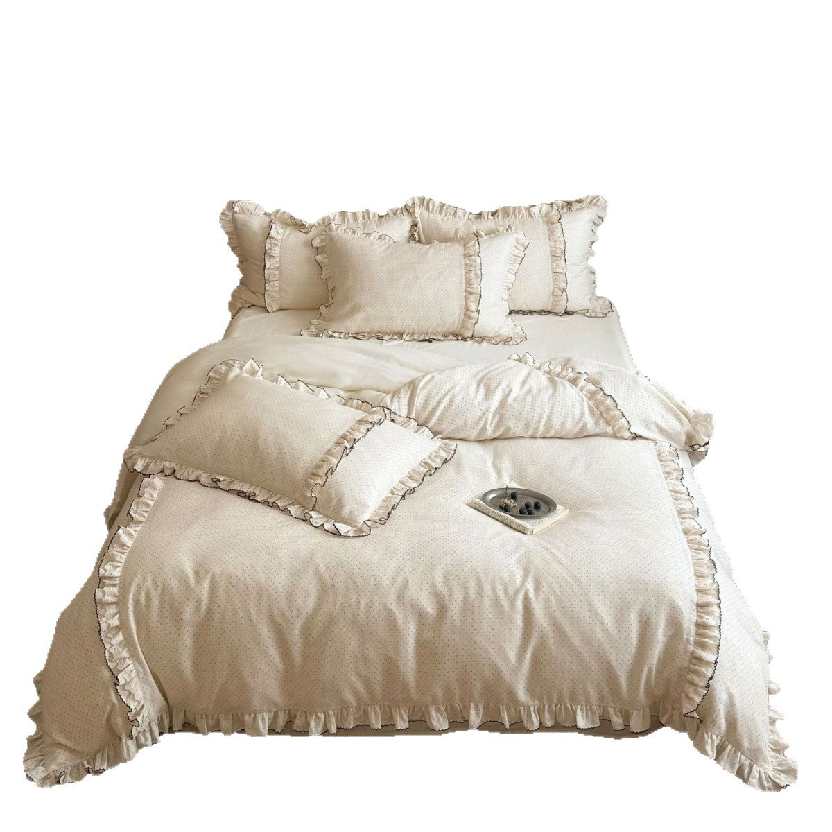 Bedding set made of cotton satin with ruffled flounce and fine polka dot pattern — product view 4