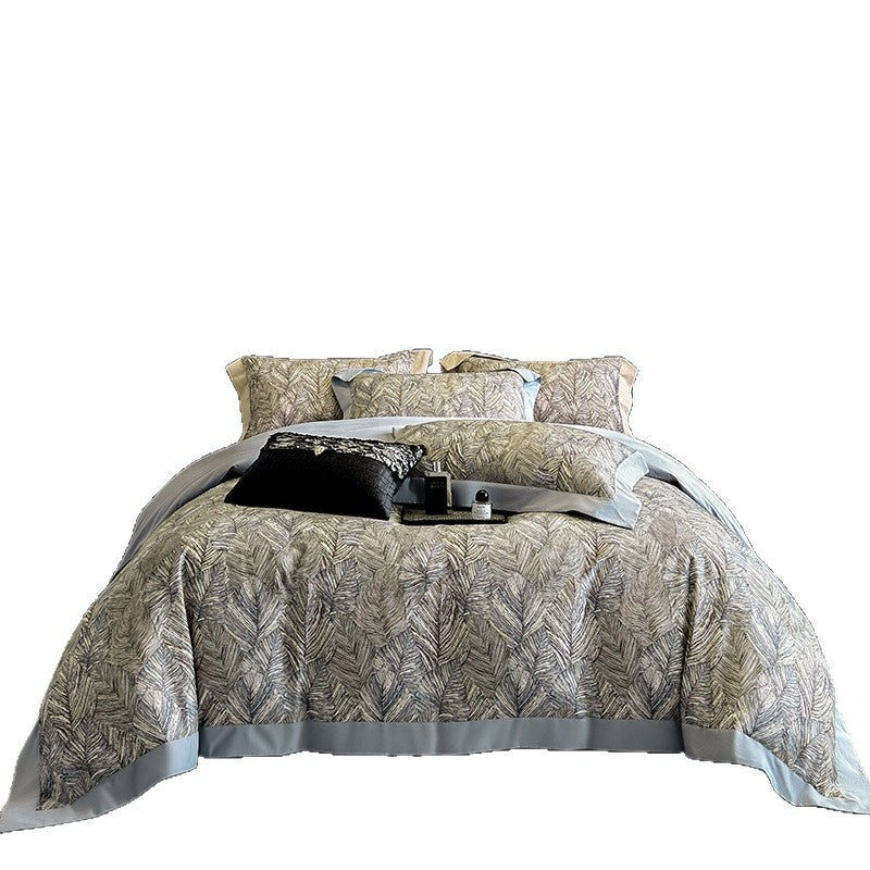 Elegant bed linen set made of cotton satin with a subtle leaf pattern and contrast piping — product view 5