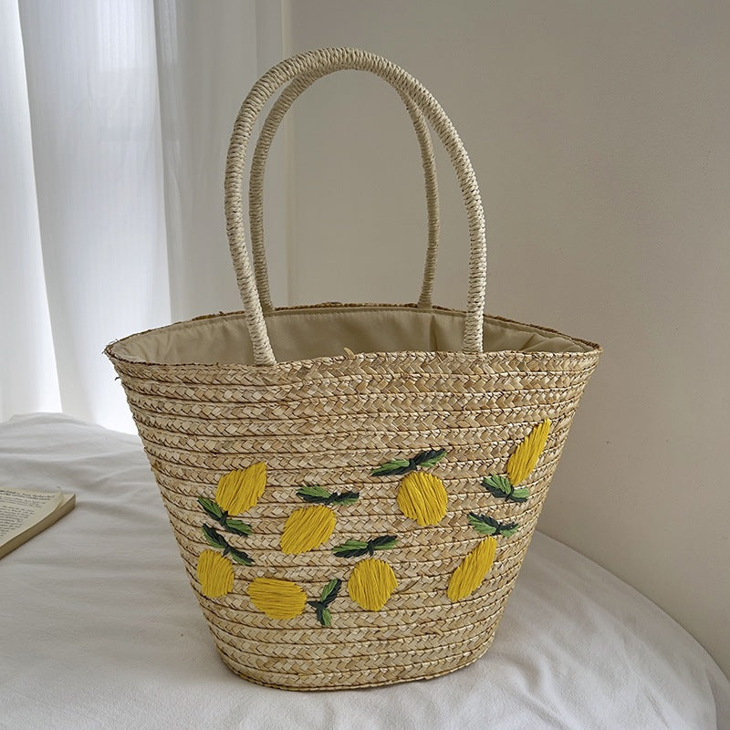 Handmade straw bag with colorful lemon motif LoungeYard — product view 7