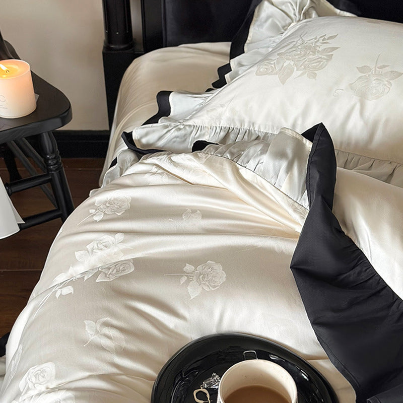 Luxurious cotton satin bedding set with decorative ruffle and contrasting edge finishing — product view 5