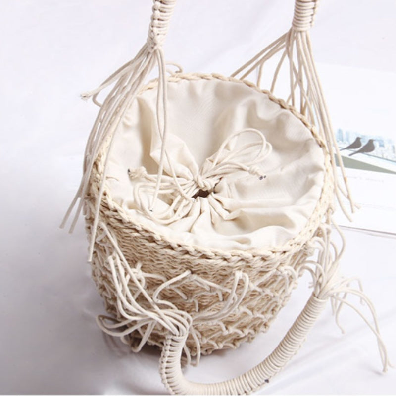 Braided Macrame Shoulder Bag with Decorative Fringe LoungeYard — product view 4