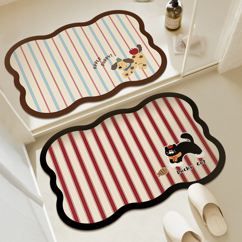 Decorative Scalloped Non-Slip Striped Bath Mat with Lucky Cat Print — product view 2