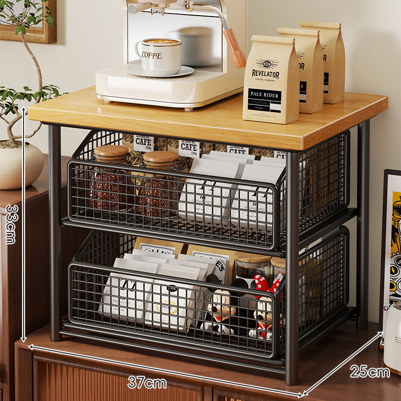 Countertop Wooden-Top Sliding Mesh Storage Basket Organizer with Metal Frame — product view 6