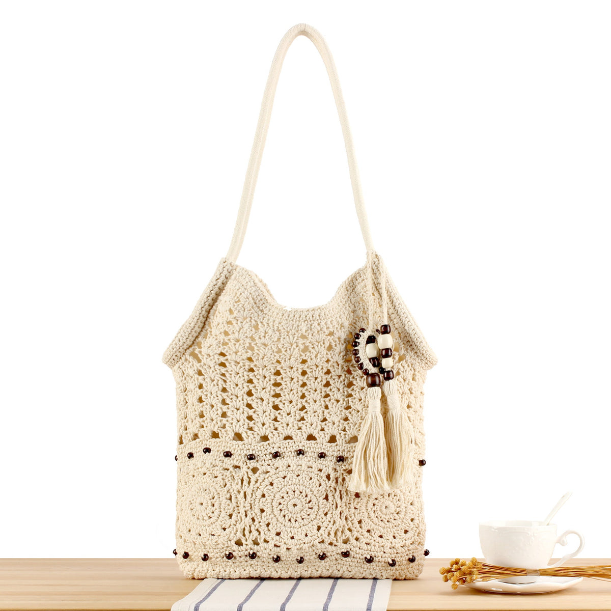 Handmade Macramé Tote Bag with Floral Crochet Work LoungeYard — product view 1