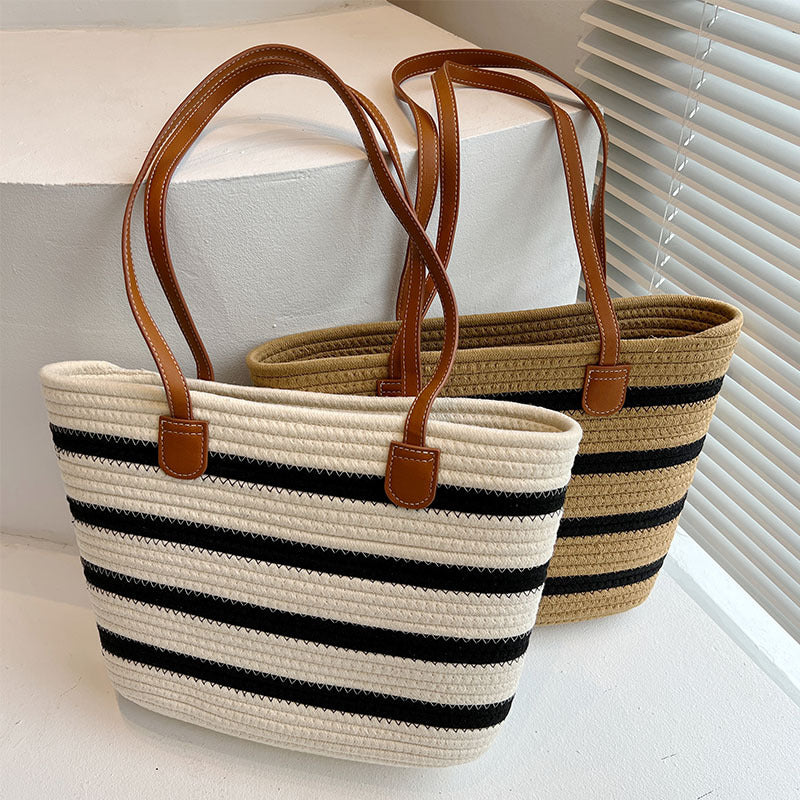 Stylish straw bag with contrasting stripes LoungeYard — product view 2