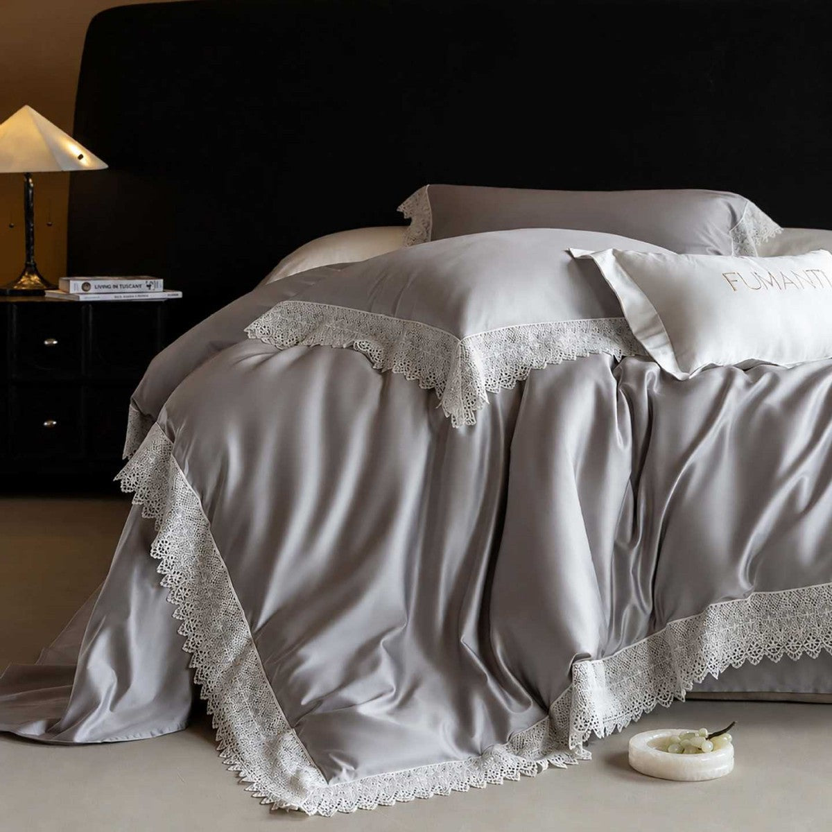 Luxurious satin bedding set with fine lace edging — product view 7