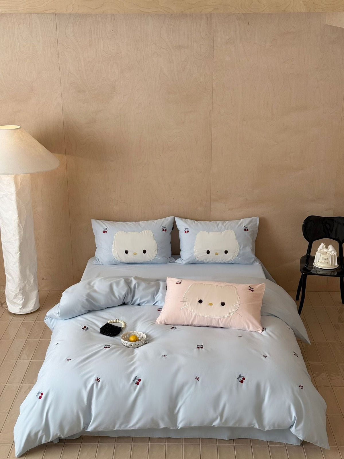 Cute embroidered bedding set with cat applique and cherry motif LoungeYard — product view 7