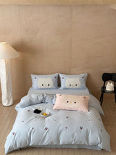 Cute embroidered bedding set with cat applique and cherry motif LoungeYard