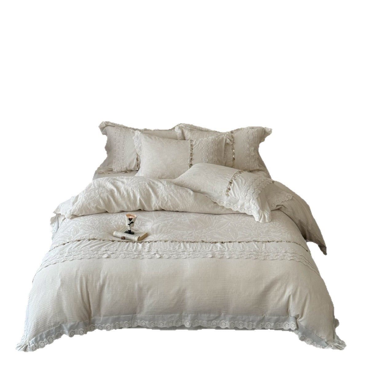 Elegant linen look bedding set with lace and ruffle edge — product view 5