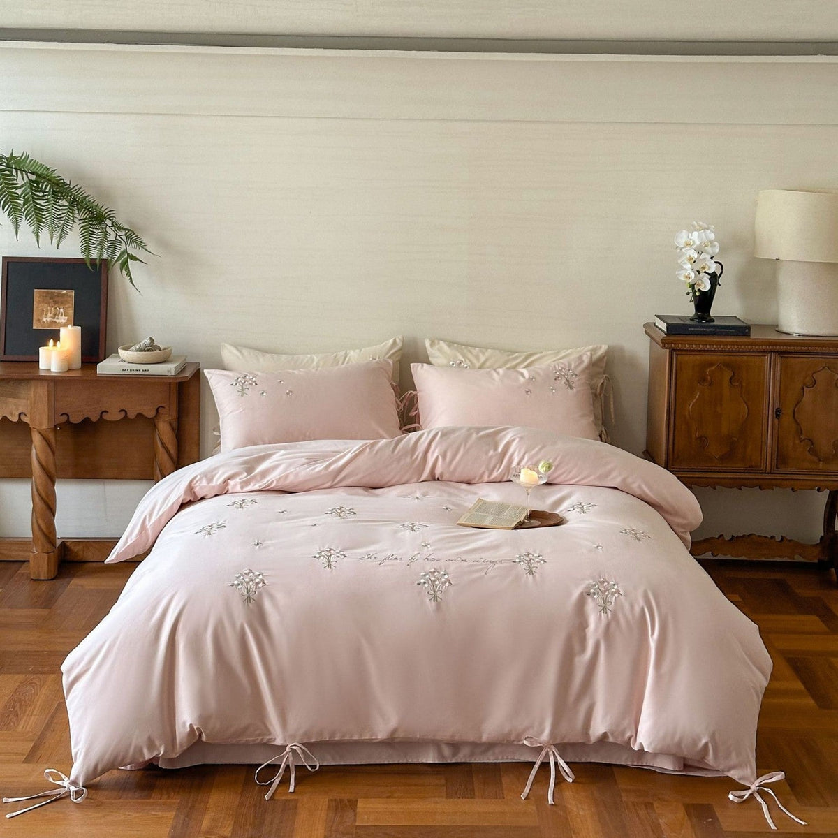 Luxurious satin bedding set with delicate pearl flower embroidery and tie ribbons — product view 6