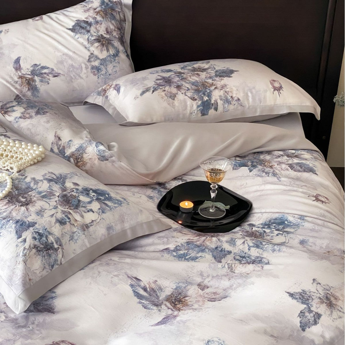 Luxurious satin bedding with floral watercolor print — product view 1