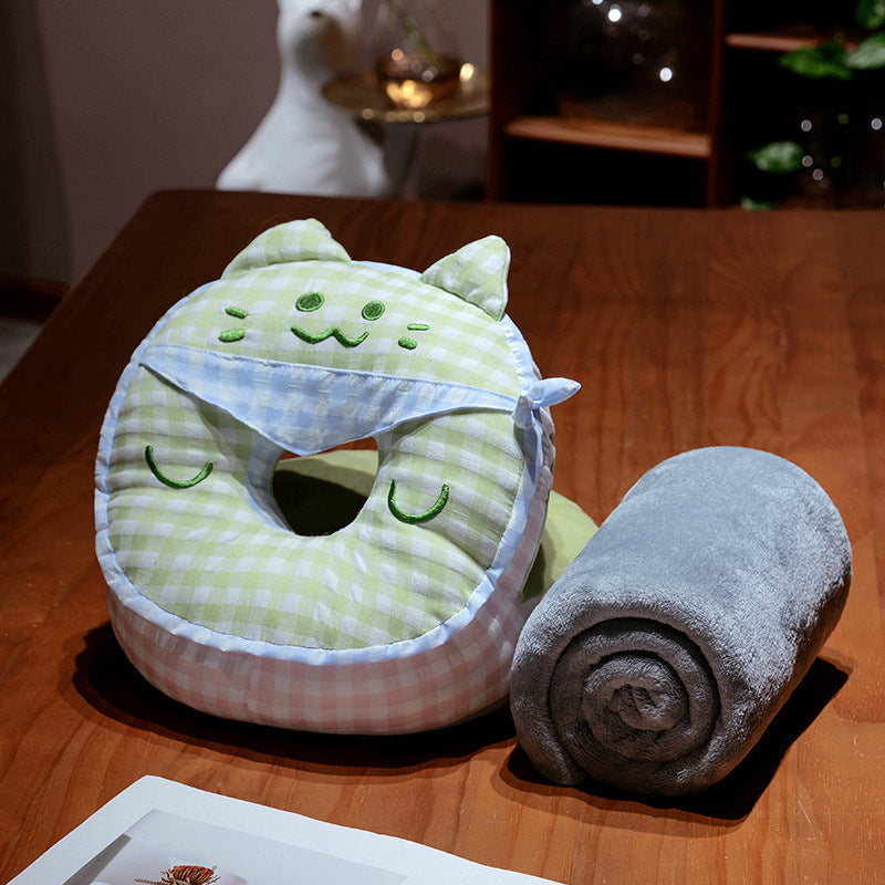 Neck travel pillow for children plush with cat ears and integrated travel blanket — product view 2