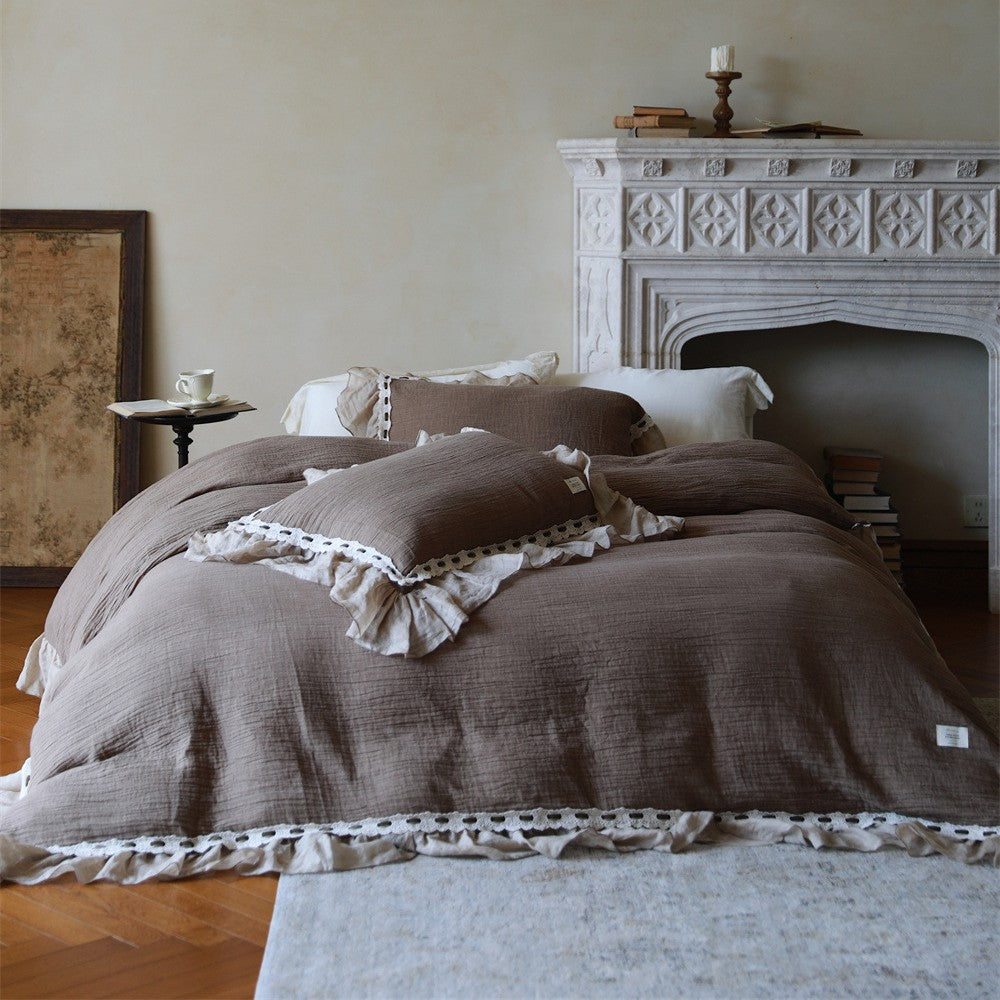 Washed linen duvet cover set with gathered edge and eyelet trim — product view 7