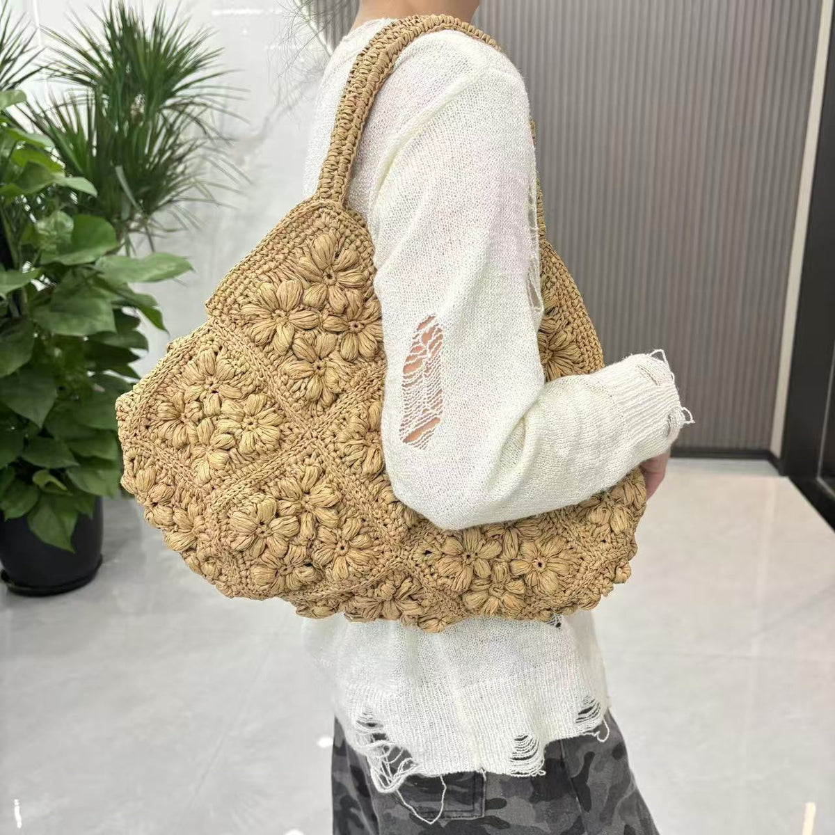 Macrame Handbag with Floral 3D Applications LoungeYard — product view 2