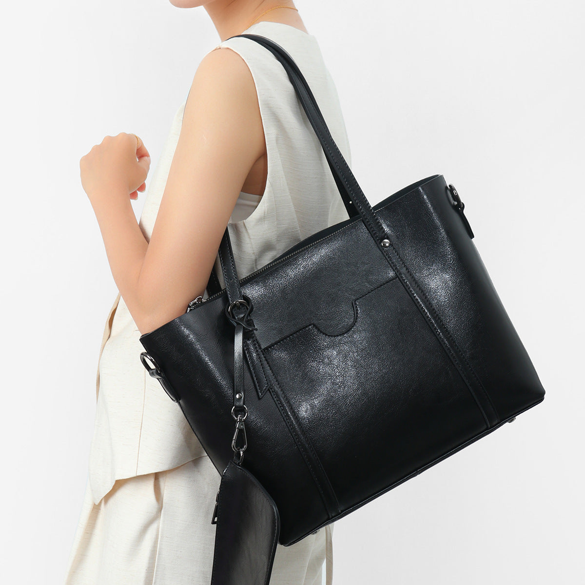 Structured Leather-Effect Tote Bag with Detachable Pouch — product view 6