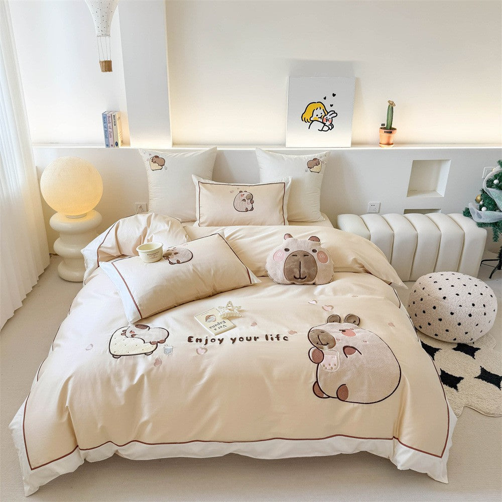 Kawaii bedding set with appliquéd plush bears and breathable cotton satin — product view 7