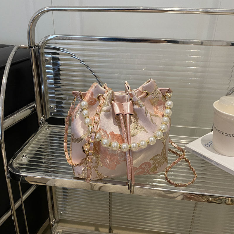 Elegant Floral Print Drawstring Bucket Bag LoungeYard — product view 6