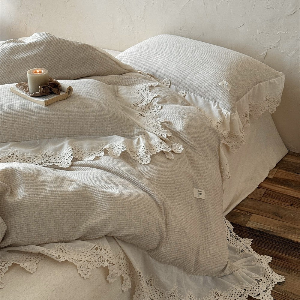 Romantic cotton-linen bedding set with crocheted lace trim and ruffle — product view 4