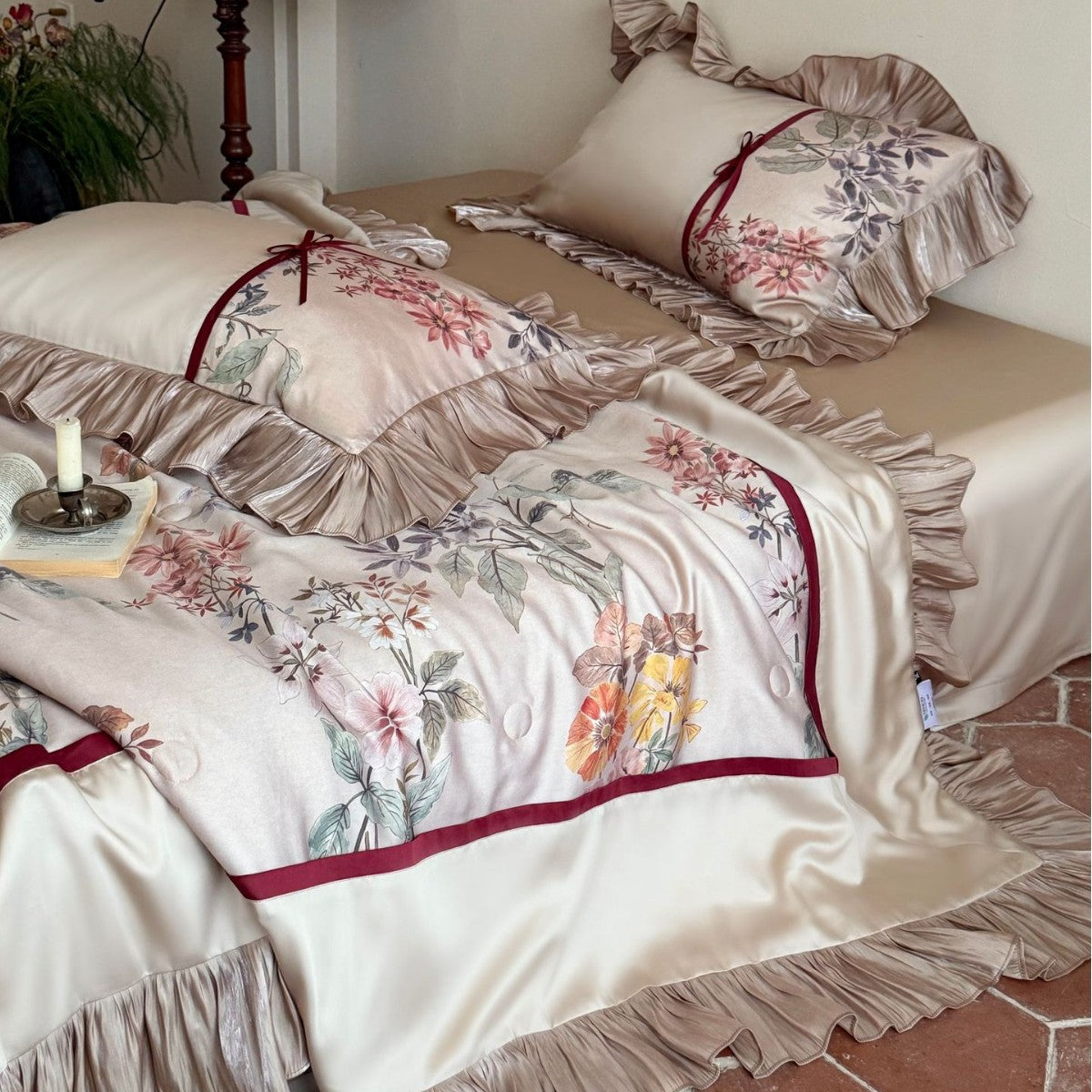 Romantic satin bedding set with ruffles, floral embroidery and reversible function — product view 3