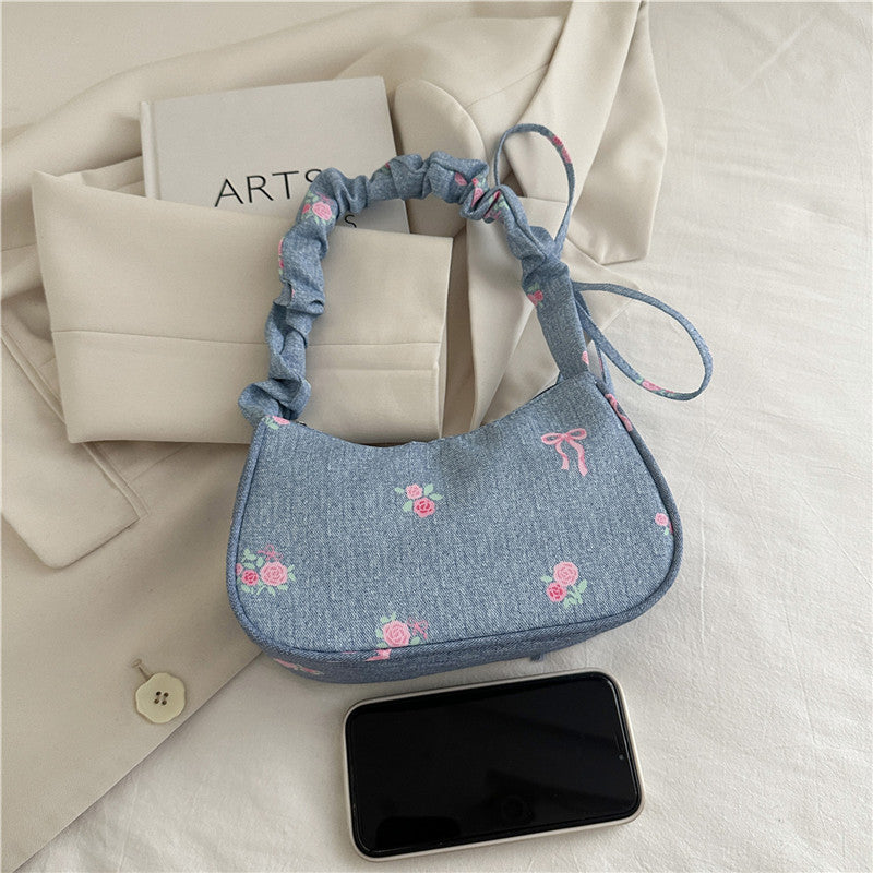 Embroidered Denim Shoulder Bag LoungeYard — product view 3