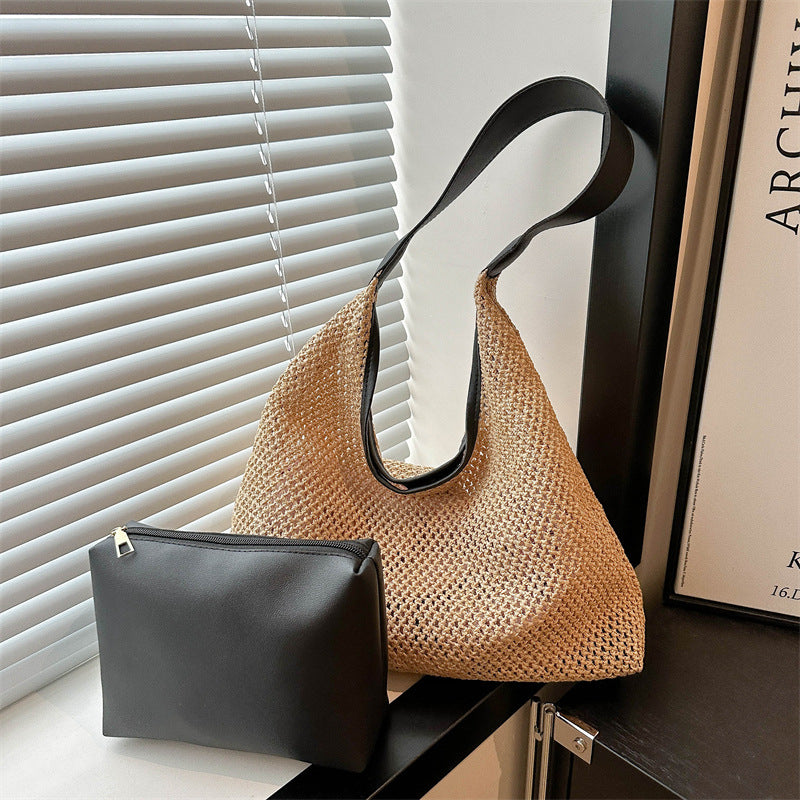 Handcrafted Woven Straw Tote with Removable Pouch — product view 2
