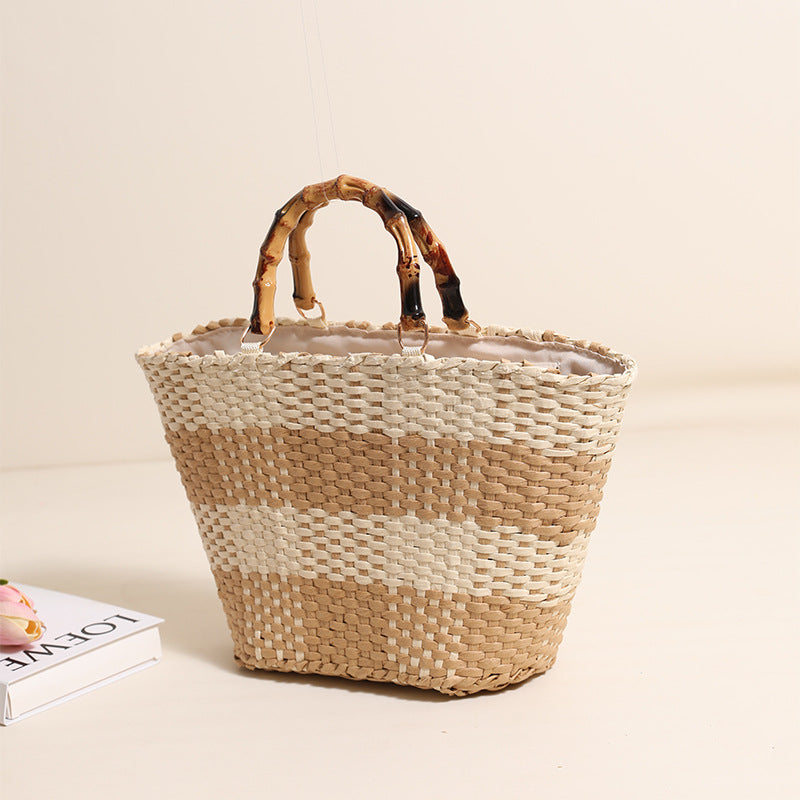 Braided bast bag with bamboo handle and decorative lining LoungeYard — product view 2