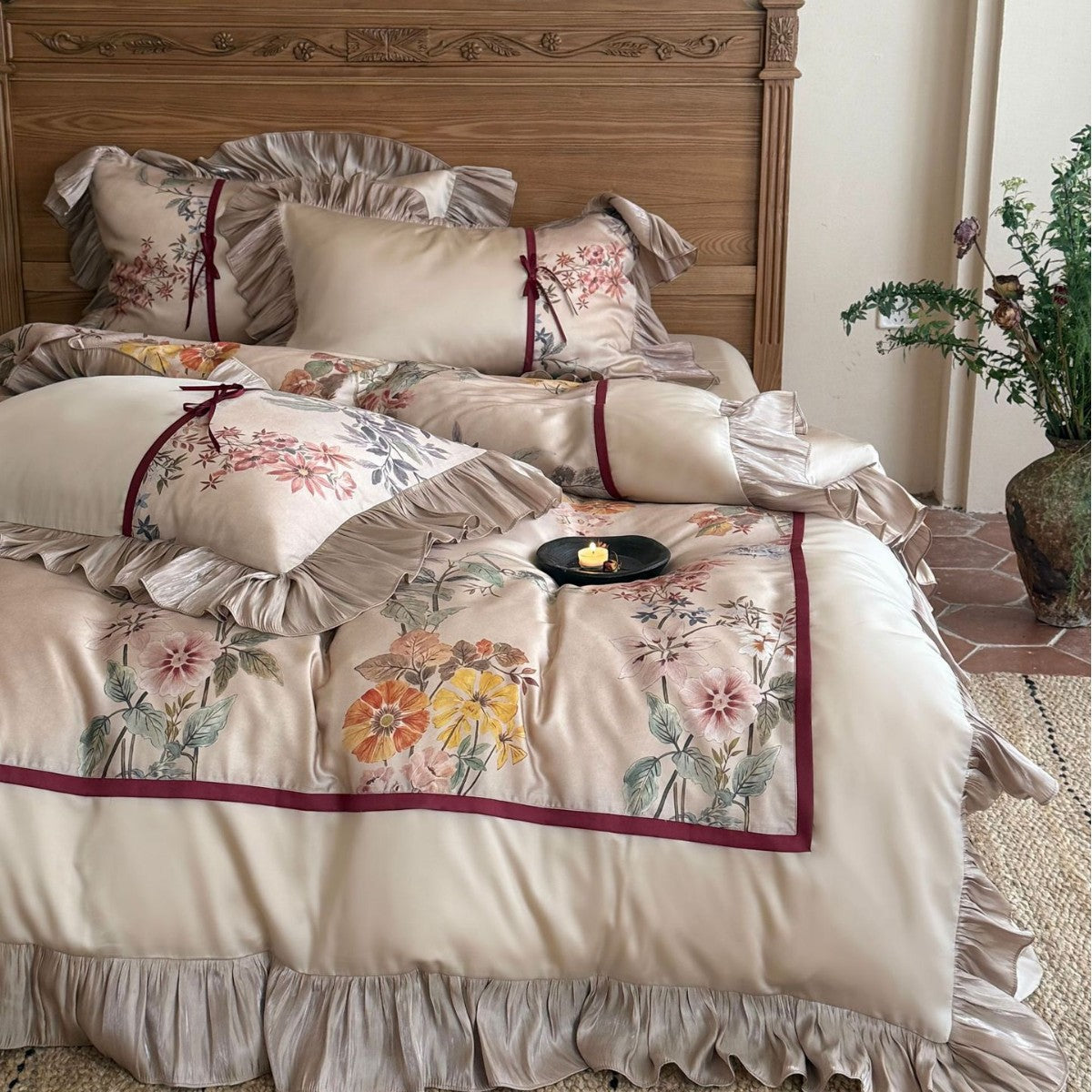 Romantic satin bedding set with ruffles, floral embroidery and reversible function — product view 1