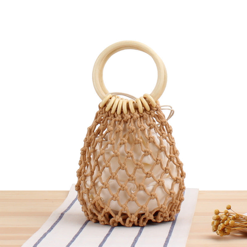 Elegant mesh handbag with wooden handles LoungeYard — product view 6