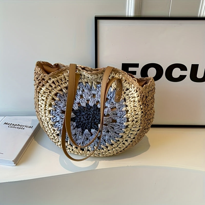 Macrame Beach Bag with Brown Leather Handles LoungeYard — product view 6
