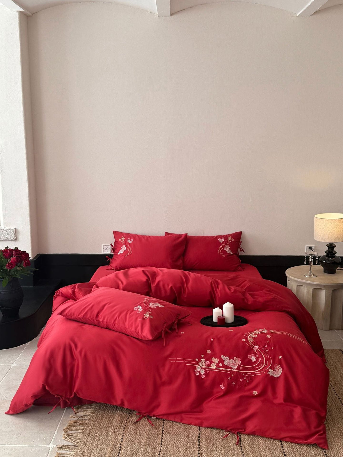 Fine silk satin bedding set with delicate floral embroidery and ties LoungeYard — product view 6