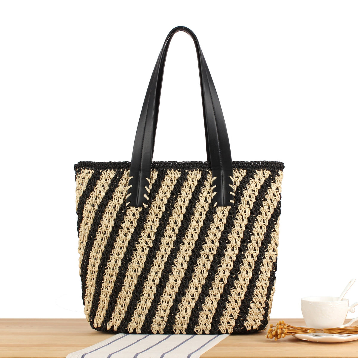 Handbag with Elegant Striped Design and Sturdy Leather Handles LoungeYard — product view 5