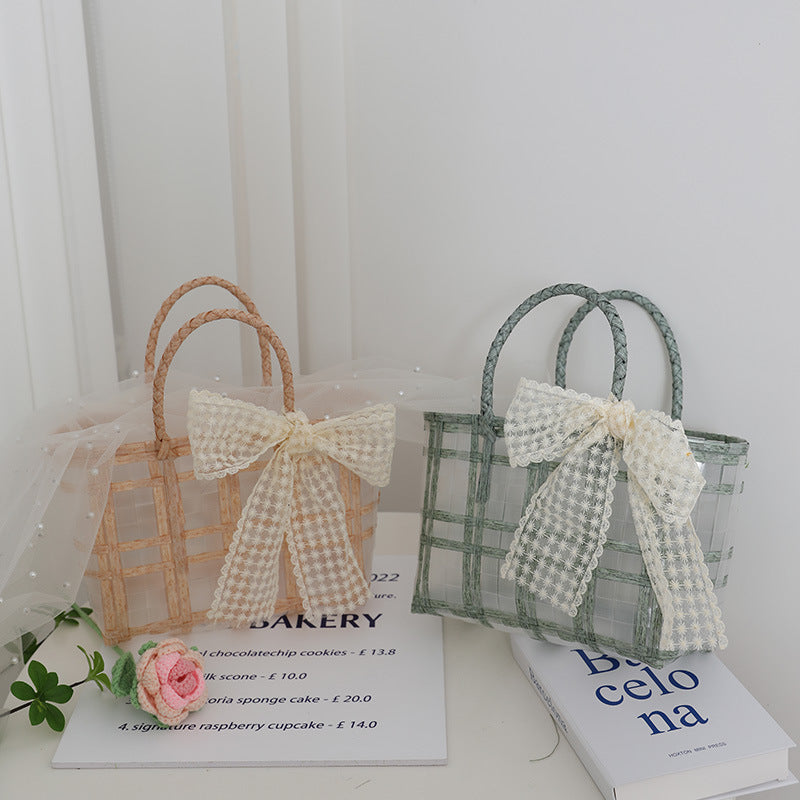 Handcrafted basket bag with elegant bow applique LoungeYard — product view 2