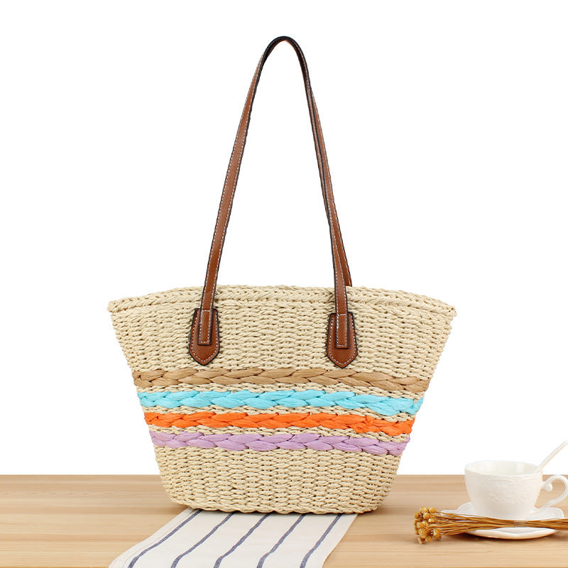 Beautiful braided straw bag with leather handles LoungeYard — product view 6