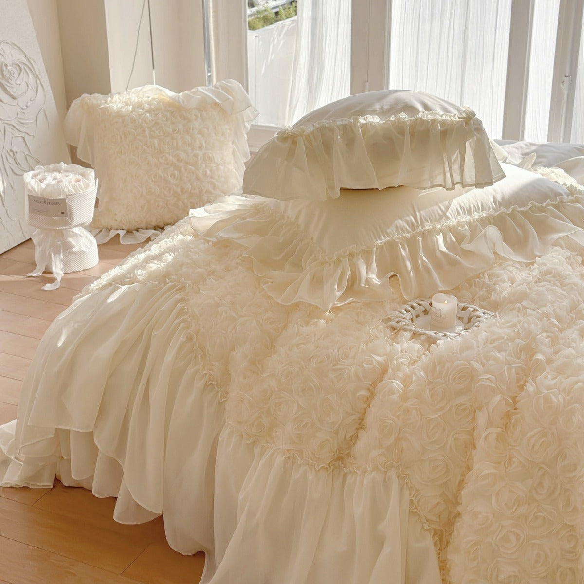 Romantic luxury bedding set with ruffles, rose appliqué, and frill — product view 3