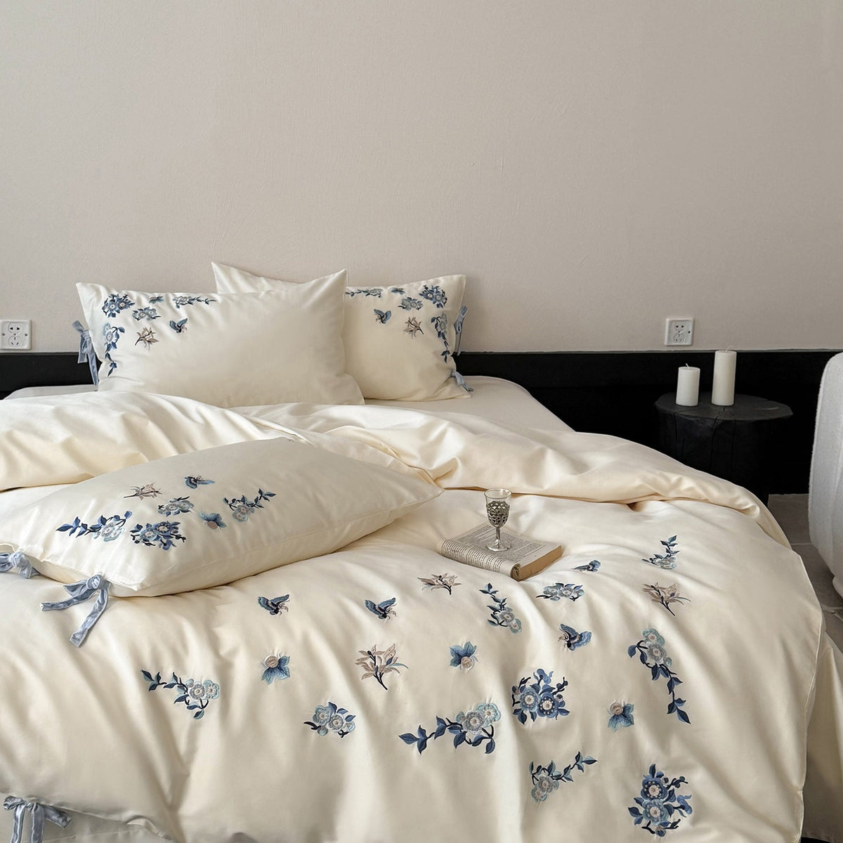 Embroidered satin bedding set with delicate floral details — product view 3