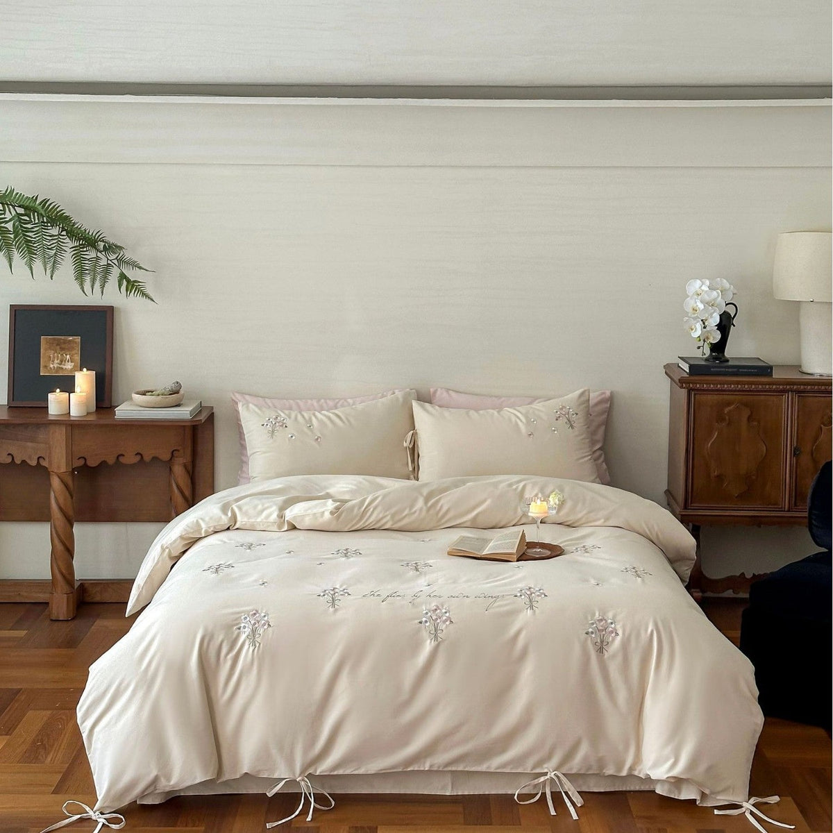 Luxurious satin bedding set with delicate pearl flower embroidery and tie ribbons — product view 7