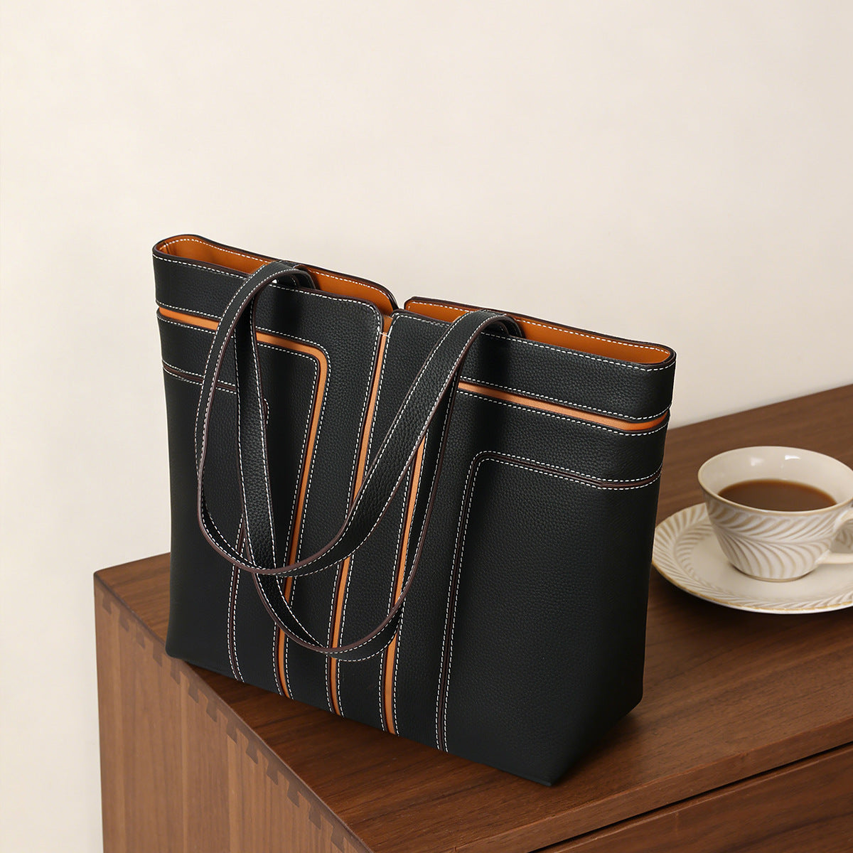 Structured Vertical-Panel Pebbled Tote Bag — product view 2