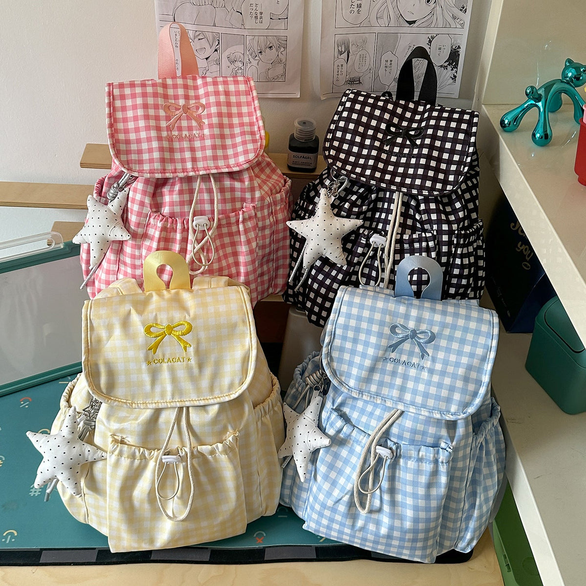 Cute Checked Patterned Drawstring Backpack LoungeYard — product view 4
