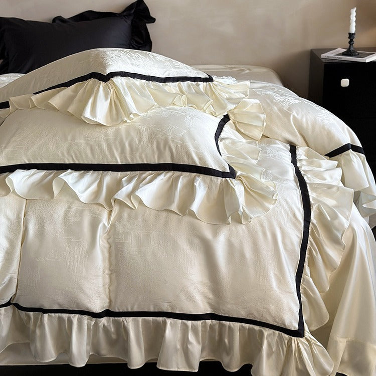 Luxurious cotton satin bedding set with jacquard texture, ruffles, and contrasting piping — product view 3